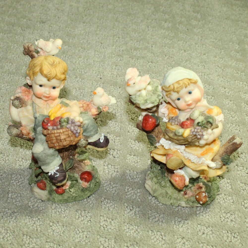 Set of 2 Vintage Resin Boy and Girl in Trees ~5.5" Figures
